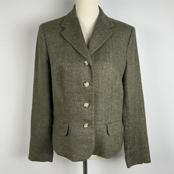 Lauren Ralph Lauren Blazer Womens 14 Green Tweed Linen Blend Herringbone Jacket - Picture 1 of 13